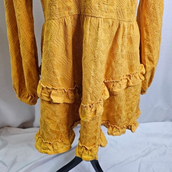 Tularosa Golden Yellow Lisa Blouson Embroidered Ruffle Mini Dress Size Large - Picture 6 of 16
